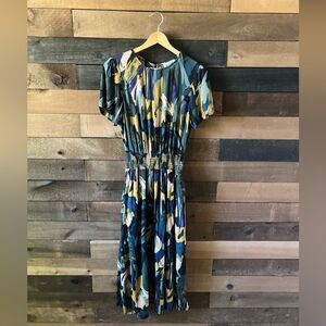 Evereve Abstract Print Elastic Waist Midi Dress Short Sleeve Size S Made in USA